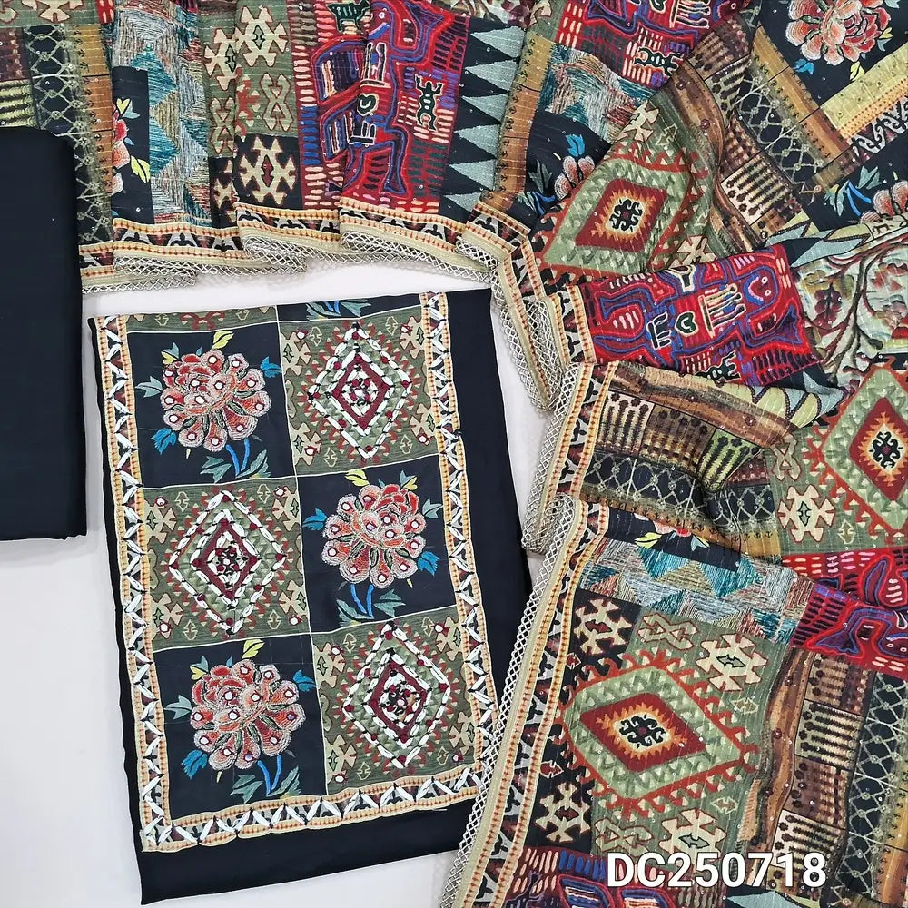 Black liquid fabric unstitched salwar material (soft, flowy, lining needed) digital print on yoke, matching liquid bottom, digital print, sequins work on silk cotton short width dupatta with lace tapings. DC250718