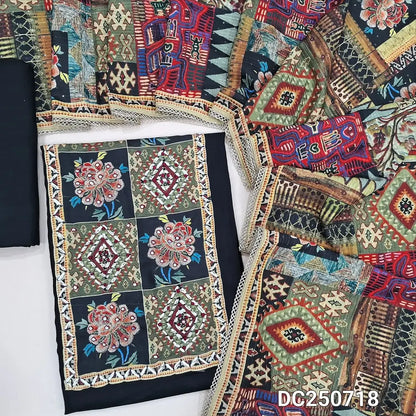 Black liquid fabric unstitched salwar material (soft, flowy, lining needed) digital print on yoke, matching liquid bottom, digital print, sequins work on silk cotton short width dupatta with lace tapings. DC250718