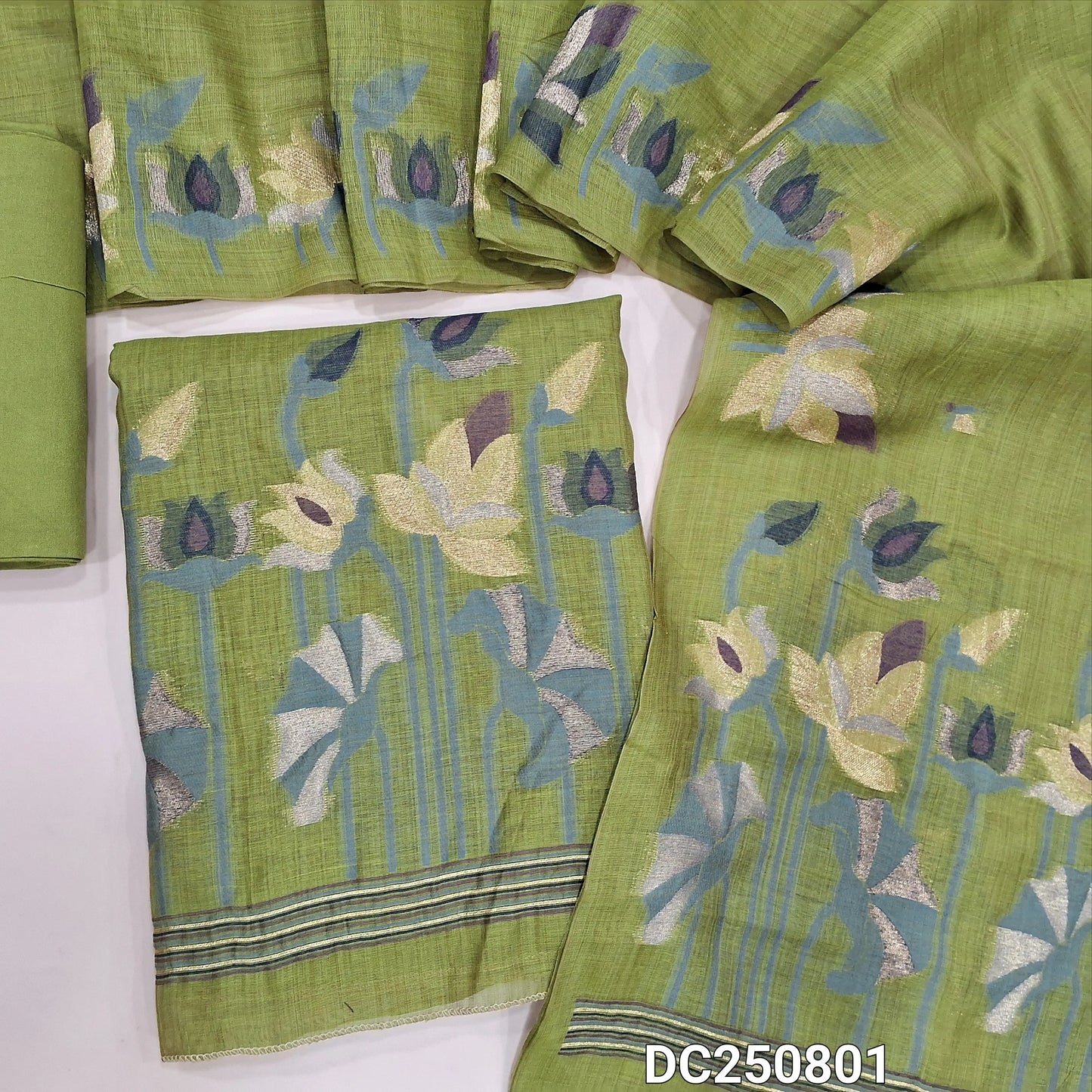 Designer Light Mossy Green jamdani woven unstitched salwar material (shiny, lining needed) jamdani woven on yoke & daman, matching santoon bottom, jamdani woven silk cotton full length dupatta. DC250801