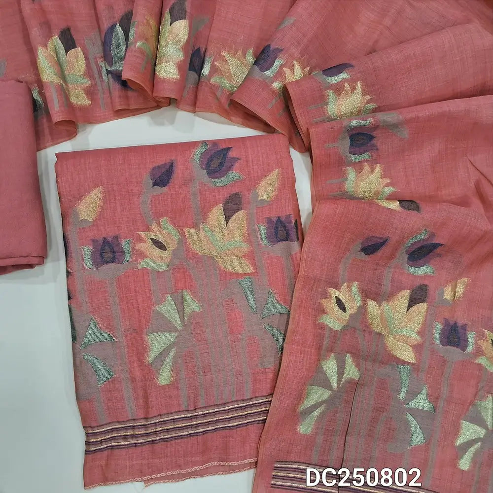 Designer peachish Pink jamdani woven unstitched salwar material (shiny, lining needed) jamdani woven on yoke & daman, matching santoon bottom, jamdani woven silk cotton full length dupatta. DC250802