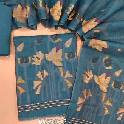 Designer turquoise Blue jamdani woven unstitched salwar material (shiny, lining needed) jamdani woven on yoke & daman, matching santoon bottom, jamdani woven silk cotton full length dupatta. DC250803