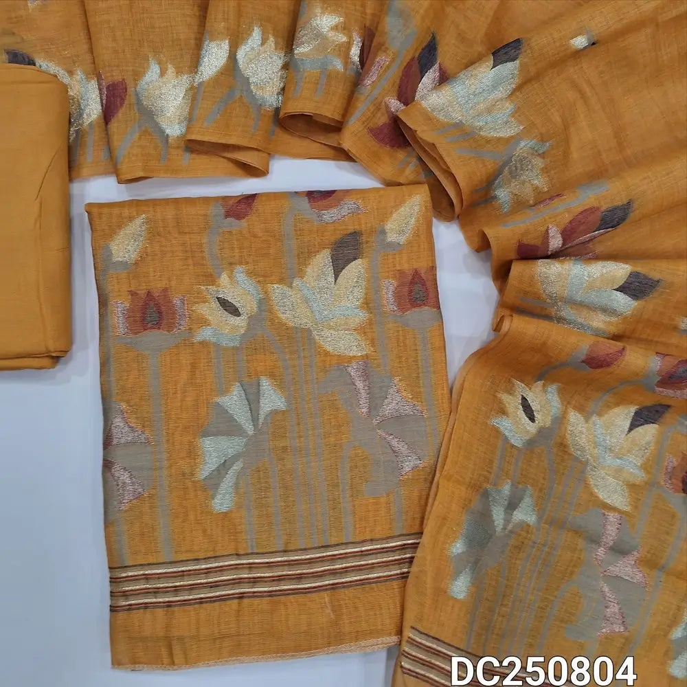 Designer Light Orange jamdani woven unstitched salwar material (shiny, lining needed) jamdani woven on yoke & daman, matching santoon bottom, jamdani woven silk cotton full length dupatta. DC250804