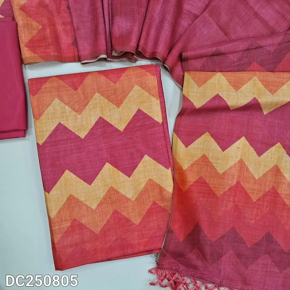 Designer Peachish Pink semi tussar unstitched salwar material (shiny, lining needed) digital colorful zigzag print on yoke, matching silky bottom, Digital printed semi tussar full length dupatta with tassels. DC250805
