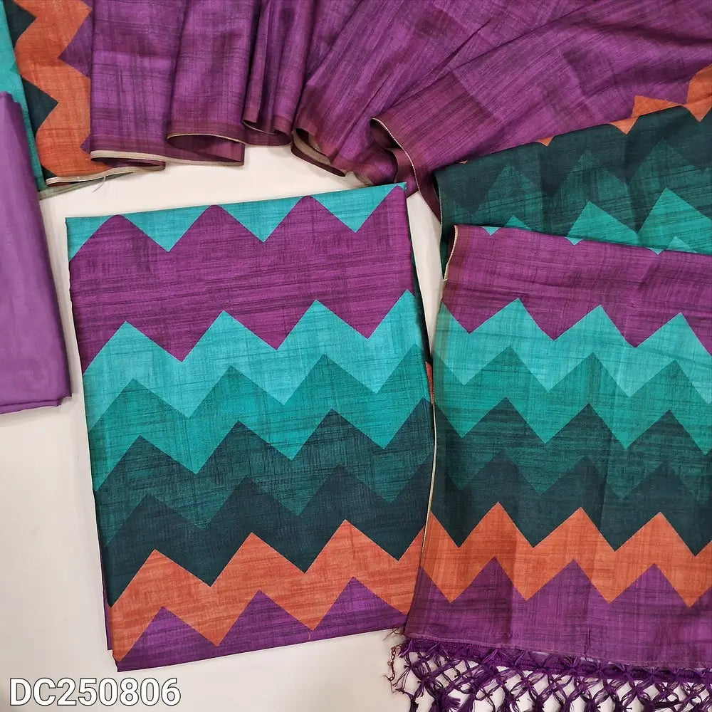 Purple semi tussar unstitched salwar material (shiny, lining needed) digital colorful zigzag print on yoke, matching silky bottom, Digital printed semi tussar full length dupatta with tassels. DC250806