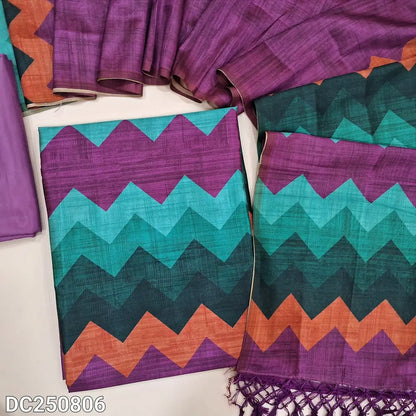Purple semi tussar unstitched salwar material (shiny, lining needed) digital colorful zigzag print on yoke, matching silky bottom, Digital printed semi tussar full length dupatta with tassels. DC250806