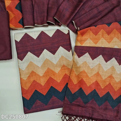 Dark Maroon semi tussar unstitched salwar material (shiny, lining needed) digital colorful zigzag print on yoke, matching silky bottom, Digital printed semi tussar full length dupatta with tassels. DC250807