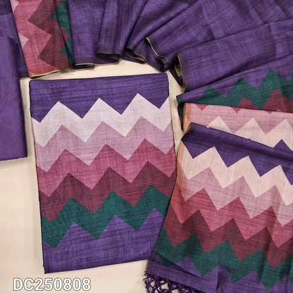 Violet semi tussar unstitched salwar material (shiny, lining needed) digital colorful zigzag print on yoke, matching silky bottom, Digital printed semi tussar full length dupatta with tassels. DC250808