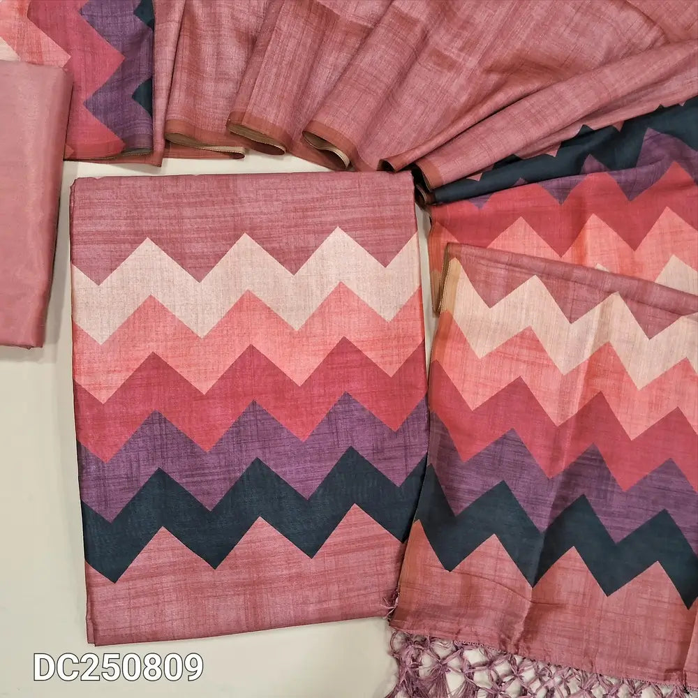 Light onion Pink semi tussar unstitched salwar material (shiny, lining needed) digital colorful zigzag print on yoke, matching silky bottom, Digital printed semi tussar full length dupatta with tassels. DC250809