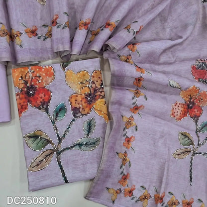 Digital printed Lavender silk cotton unstitched salwar material (thin, lining needed) hand embroidery work on front , matching lining included, NO BOTTOM, digital printed, hand embroidery work on silk cotton dupatta. DC250810