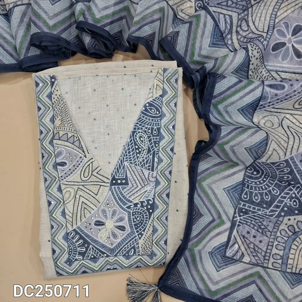 Designer Half white pure linen unstitched salwar material (textured, lining needed) abstract print, bead work on yoke, polka dots allover, matching lining included, NO BOTTOM, abstract printed short width  linen dupatta DC250811