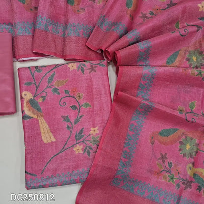 Pink tissue silk cotton unstitched salwar material (soft, lining needed) digital printed on front, matching silky bottom, digital printed tissue silk cotton dupatta. DC250812