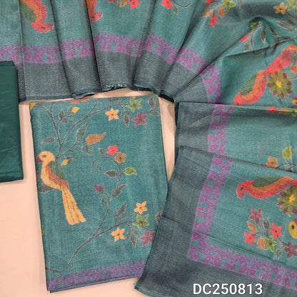Blue tissue silk cotton unstitched salwar material (soft, lining needed) digital printed on front, matching silky bottom, digital printed tissue silk cotton dupatta. DC250813