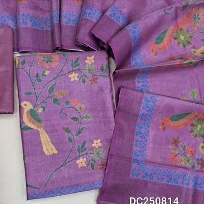 Purple tissue silk cotton unstitched salwar material (soft, lining needed) digital printed on front, matching silky bottom, digital printed tissue silk cotton dupatta. DC250814