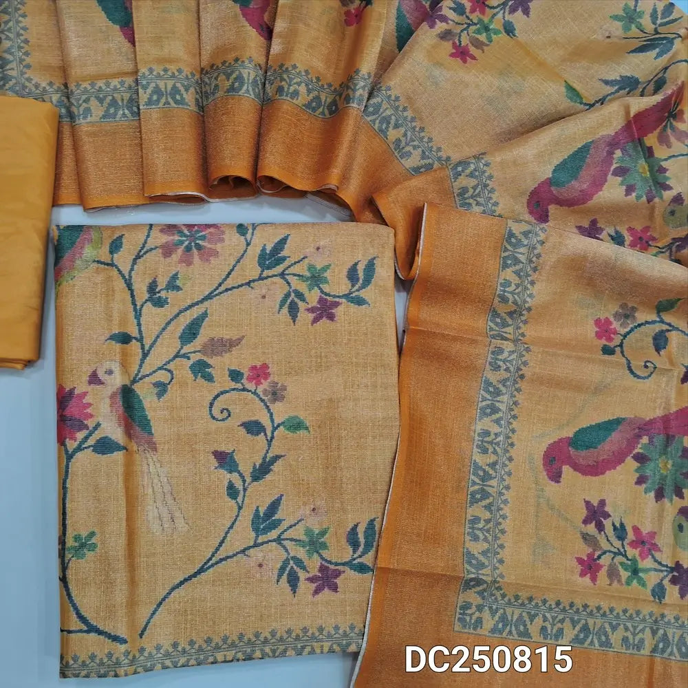 Sandal Yellow tissue silk cotton unstitched salwar material (soft, lining needed) digital printed on front, matching silky bottom,  digital printed tissue silk cotton dupatta. DC250815