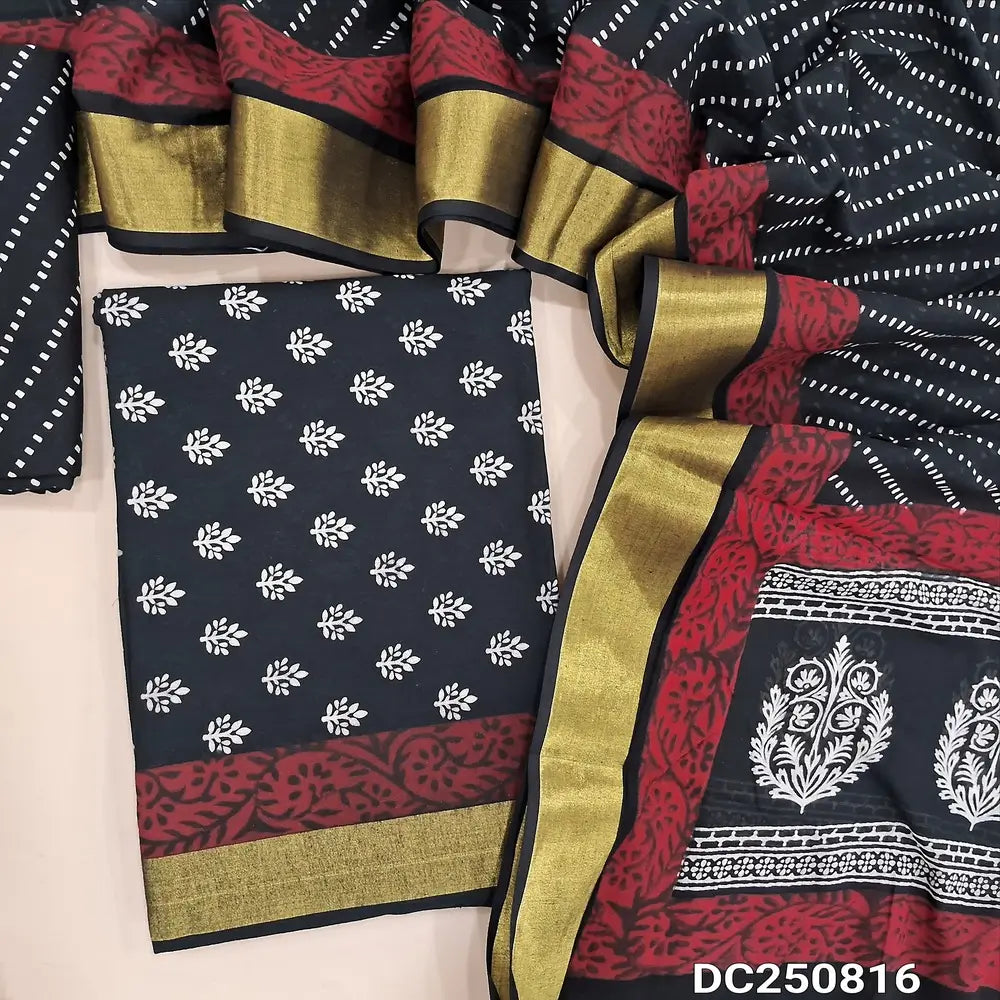 Floral printed Black cotton unstitched salwar material (soft, lining needed) golden borders on daman, printed cotton bottom, printed cotton full length dupatta with bolden borders. DC250816 (TAPING NEEDED)