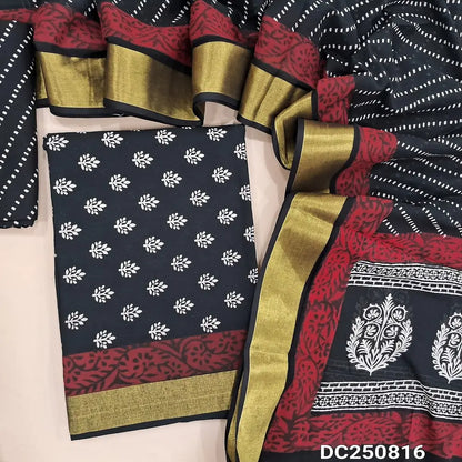 Floral printed Black cotton unstitched salwar material (soft, lining needed) golden borders on daman, printed cotton bottom, printed cotton full length dupatta with bolden borders. DC250816 (TAPING NEEDED)