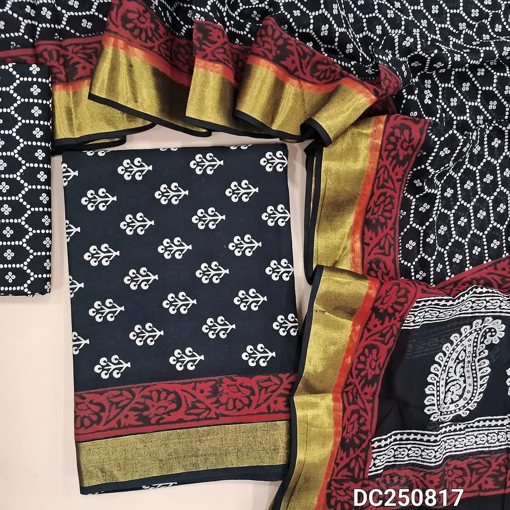 Floral printed Black cotton unstitched salwar material (soft, lining needed) golden borders on daman, printed cotton bottom, printed cotton full length dupatta with bolden borders. DC250817 (TAPING NEEDED)