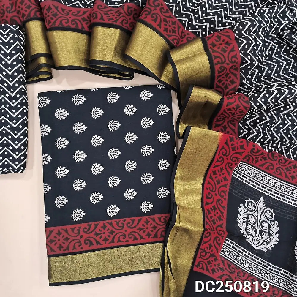 Floral printed Black cotton unstitched salwar material (soft, lining needed) golden borders on daman, printed cotton bottom, printed cotton full length dupatta with bolden borders. DC250819 (TAPING NEEDED)