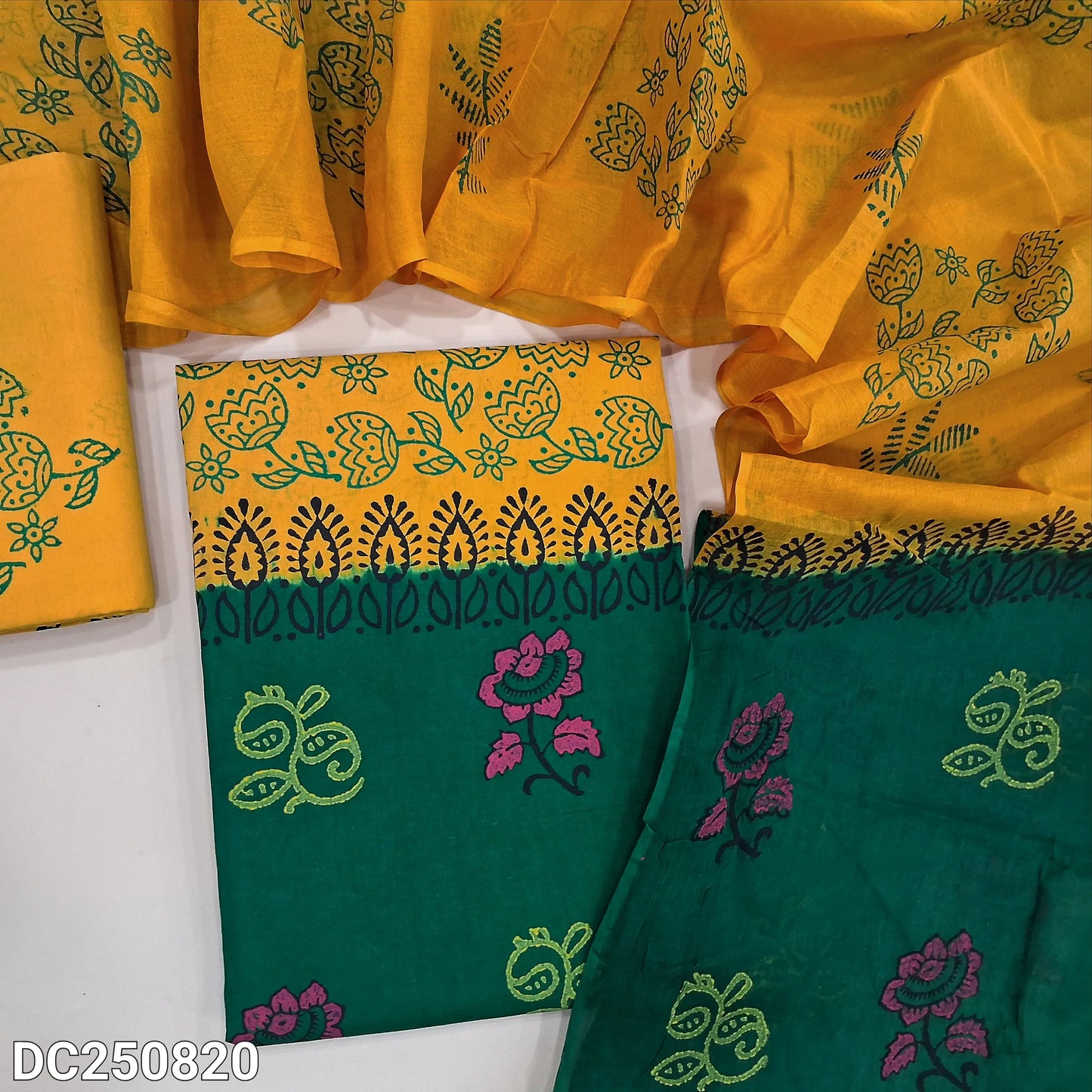 Yellow & Green hand block printed cotton unstitched salwar material (soft, lining needed), block printed cotton bottom, hand block printed dual shade cotton full length dupatta. DC250820 (TAPINGS NEEDED)