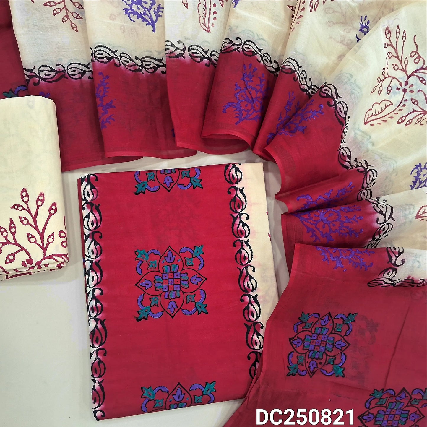 Red & Beige hand block printed cotton unstitched salwar material (soft, lining needed) panel design on front,  block printed cotton bottom, hand block printed dual shade cotton full length dupatta. DC250821 (TAPINGS NEEDED)