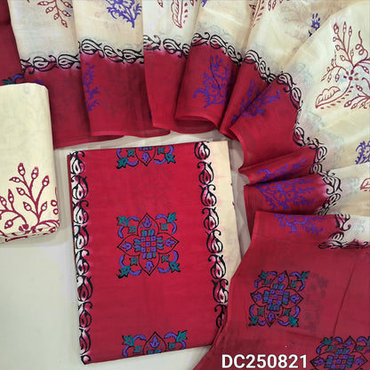 Red & Beige hand block printed cotton unstitched salwar material (soft, lining needed) panel design on front,  block printed cotton bottom, hand block printed dual shade cotton full length dupatta. DC250821 (TAPINGS NEEDED)