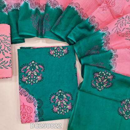 Pink & Turquoise green hand block printed cotton unstitched salwar material (soft, lining needed) panel design on front,  block printed cotton bottom, hand block printed dual shade cotton full length dupatta. DC250822 (TAPINGS NEEDED)