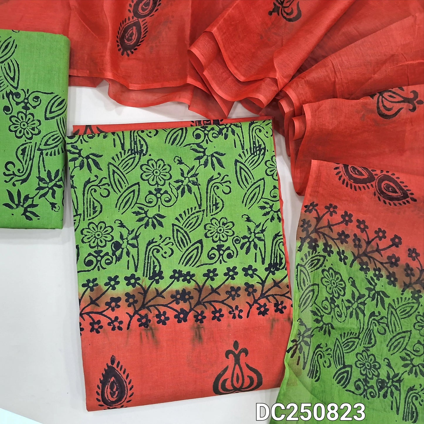 Light Green & Orange hand block printed cotton unstitched salwar material (soft, lining needed) block printed cotton bottom, hand block printed dual shade cotton full length dupatta. DC250823 (TAPINGS NEEDED)
