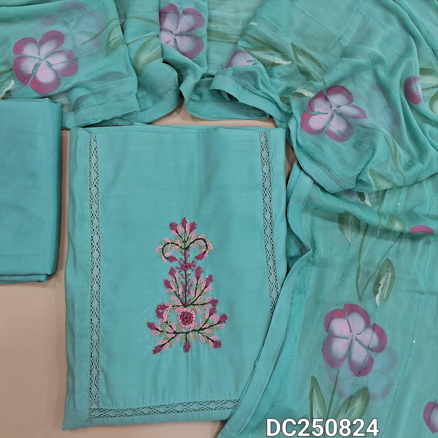 Pastel Blue soft silk cotton unstitched salwar material (soft, lining needed) embroidery, crochet lace work on yoke, matching silky bottom,  brush paint work on chiffon dupatta with tapings. DC250824