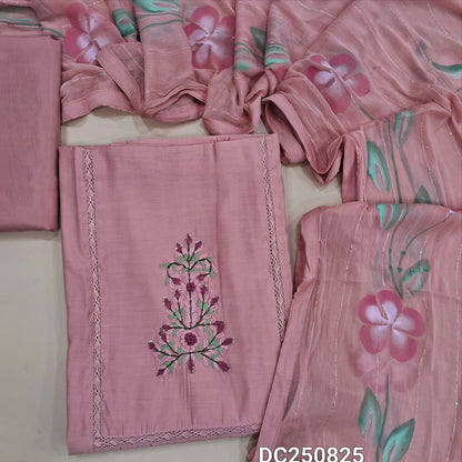 Pastel Pink soft silk cotton unstitched salwar material (soft, lining needed) embroidery, crochet lace work on yoke, matching silky bottom,  brush paint work on chiffon dupatta with tapings. DC250825