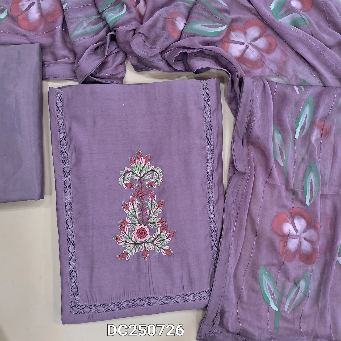 Light Purple soft silk cotton unstitched salwar material (soft, lining needed) embroidery, crochet lace work on yoke, matching silky bottom,  brush paint work on chiffon dupatta with tapings. DC250826