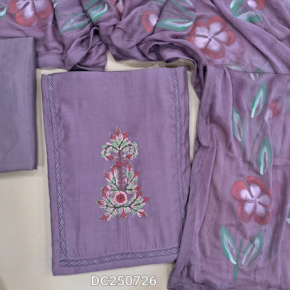 Light Purple soft silk cotton unstitched salwar material (soft, lining needed) embroidery, crochet lace work on yoke, matching silky bottom,  brush paint work on chiffon dupatta with tapings. DC250826
