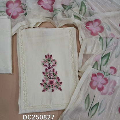 Half White soft silk cotton unstitched salwar material (soft, lining needed) embroidery, crochet lace work on yoke, matching silky bottom,  brush paint work on chiffon dupatta with tapings. DC250827