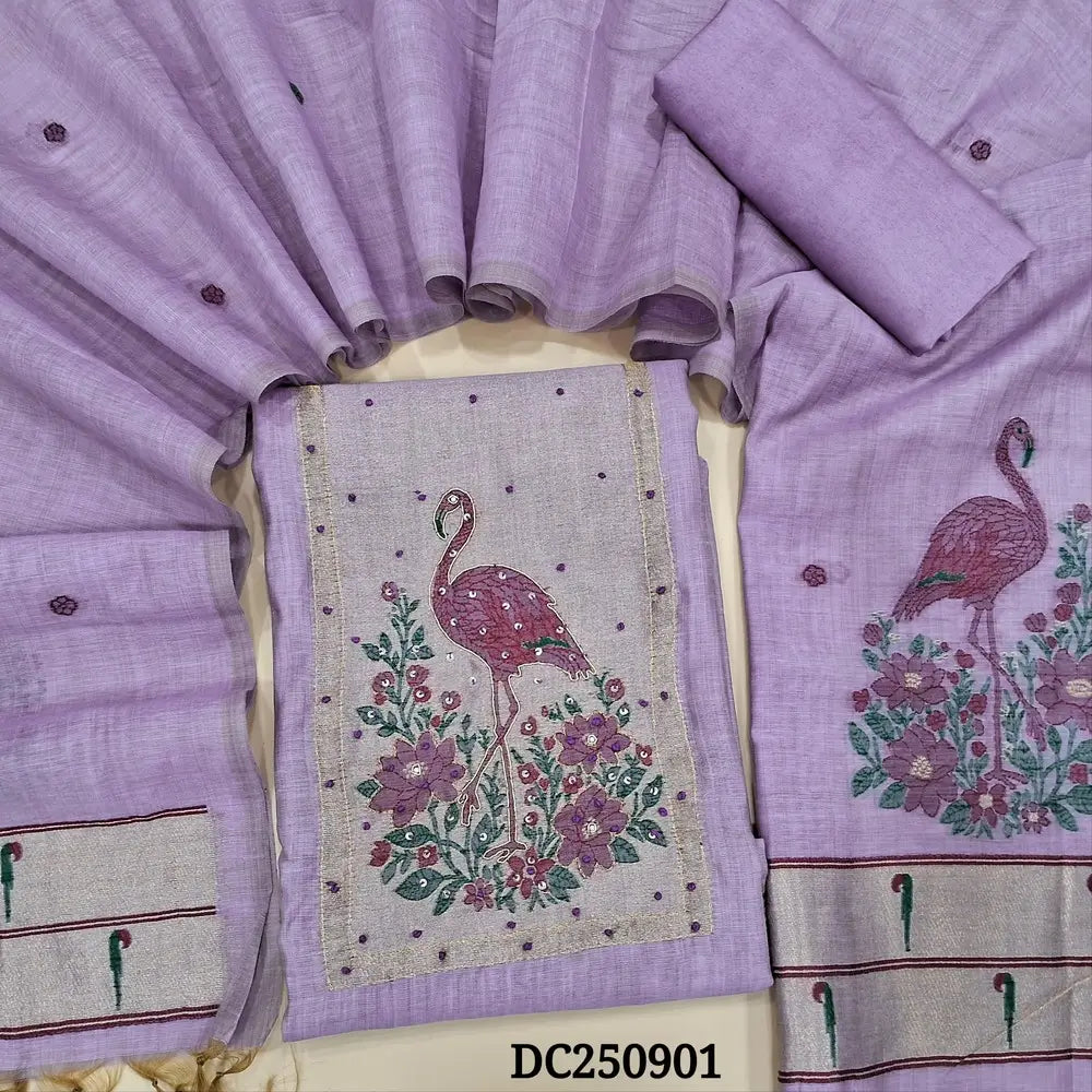 Designer Lavender jamdani wove premium silk cotton unstitched salwar material (soft, lining needed) zardozi, sequins work on yoke, matching spun cotton bottom, soft silk cotton full length dupatta with jamdani woven & paithani borders. DC250401