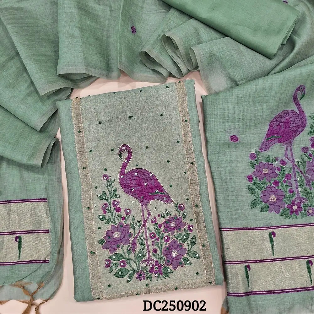 Designer sea Green jamdani wove premium silk cotton unstitched salwar material (soft, lining needed) zardozi, sequins work on yoke, matching spun cotton bottom, soft silk cotton full length dupatta with jamdani woven & paithani borders. DC250402