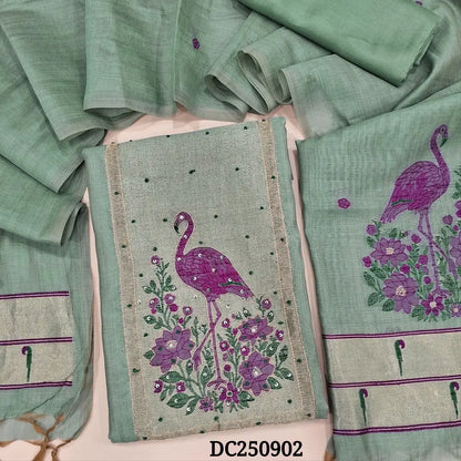 Designer sea Green jamdani wove premium silk cotton unstitched salwar material (soft, lining needed) zardozi, sequins work on yoke, matching spun cotton bottom, soft silk cotton full length dupatta with jamdani woven & paithani borders. DC250402