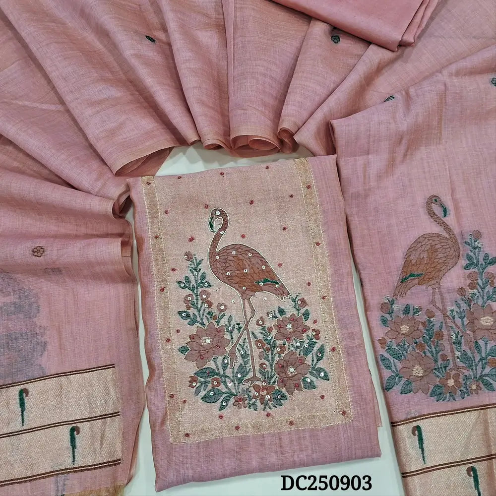Designer pastel Pink jamdani wove premium silk cotton unstitched salwar material (soft, lining needed) zardozi, sequins work on yoke, matching spun cotton bottom, soft silk cotton full length dupatta with jamdani woven & paithani borders. DC250403