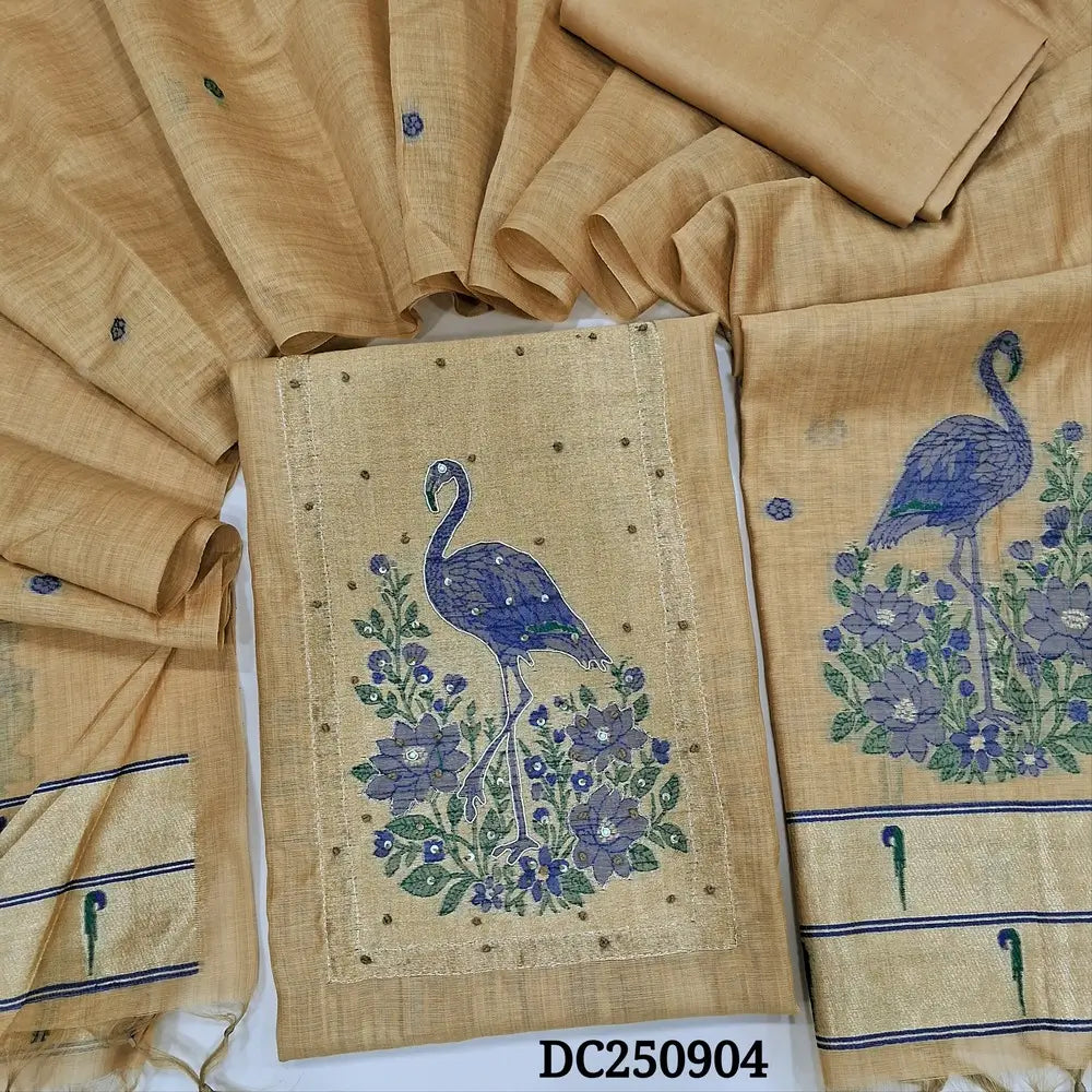 Designer rich Beige jamdani wove premium silk cotton unstitched salwar material (soft, lining needed) zardozi, sequins work on yoke, matching spun cotton bottom, soft silk cotton full length dupatta with jamdani woven & paithani borders. DC250404