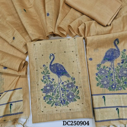 Designer rich Beige jamdani wove premium silk cotton unstitched salwar material (soft, lining needed) zardozi, sequins work on yoke, matching spun cotton bottom, soft silk cotton full length dupatta with jamdani woven & paithani borders. DC250404