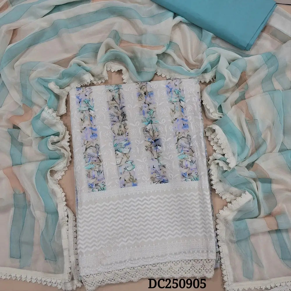 Half White glazed cotton unstitched salwar material (soft, lining needed) colorful print, heavy embroidery work on front, blue cotton bottom, brush paint chiffon dupatta with lace tapings. DC250905