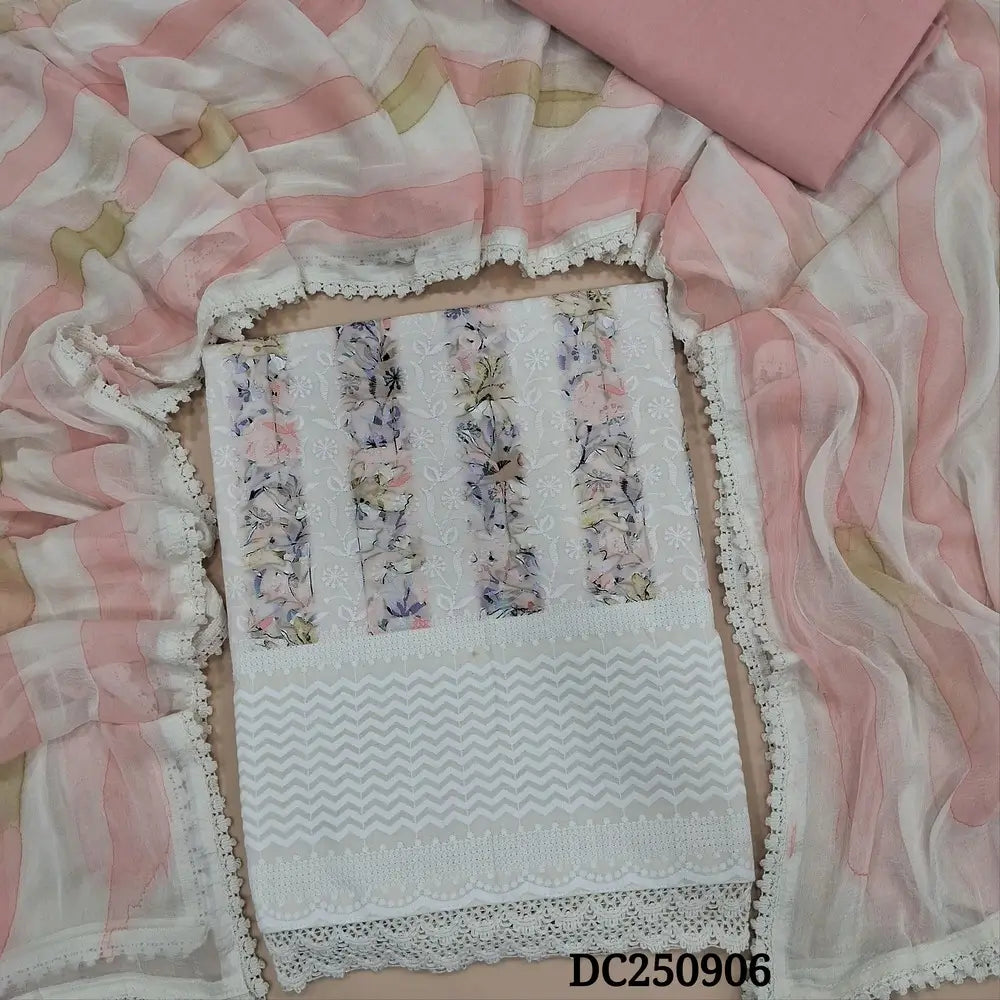 Half White glazed cotton unstitched salwar material (soft, lining needed) colorful print, heavy embroidery work on front, pastel pink cotton bottom, brush paint chiffon dupatta with lace tapings. DC250906