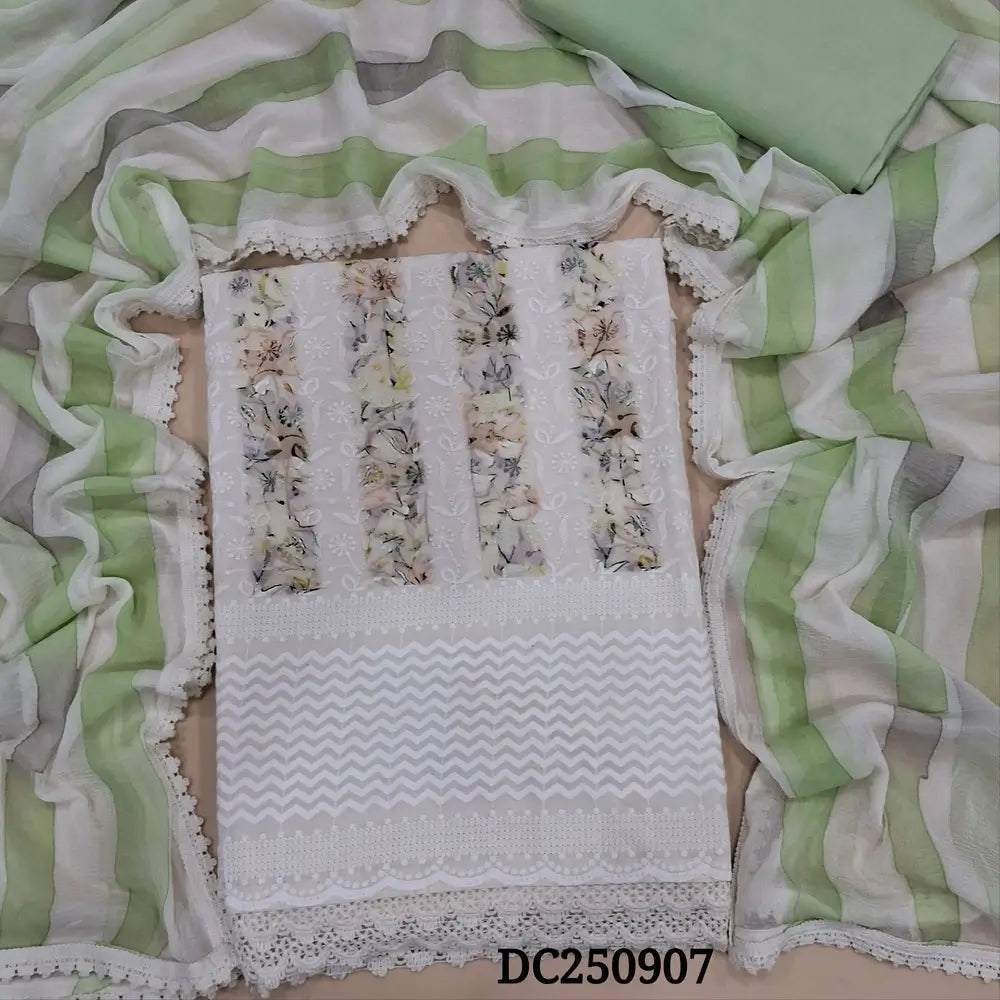 Half White glazed cotton unstitched salwar material (soft, lining needed) colorful print, heavy embroidery work on front, pastel green cotton bottom, brush paint chiffon dupatta with lace tapings. DC250907