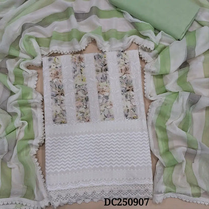 Half White glazed cotton unstitched salwar material (soft, lining needed) colorful print, heavy embroidery work on front, pastel green cotton bottom, brush paint chiffon dupatta with lace tapings. DC250907