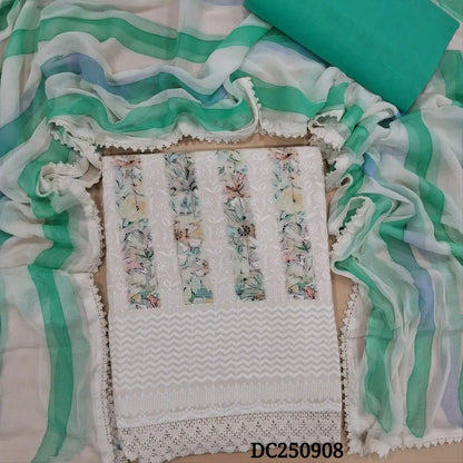 Half White glazed cotton unstitched salwar material (soft, lining needed) colorful print, heavy embroidery work on front, turquoise blue cotton bottom, brush paint chiffon dupatta with lace tapings. DC250908
