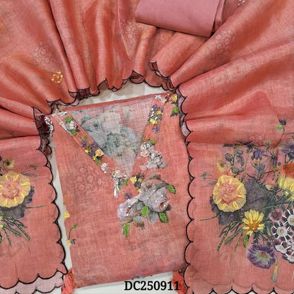 Designer pastel Pink pure tissue linen unstitched salwar material (thin, lining needed) v neck, hand embroidery work on front, matching santoon bottom, floral print & hand embroidery work on tissue linen full length dupatta. DC250911