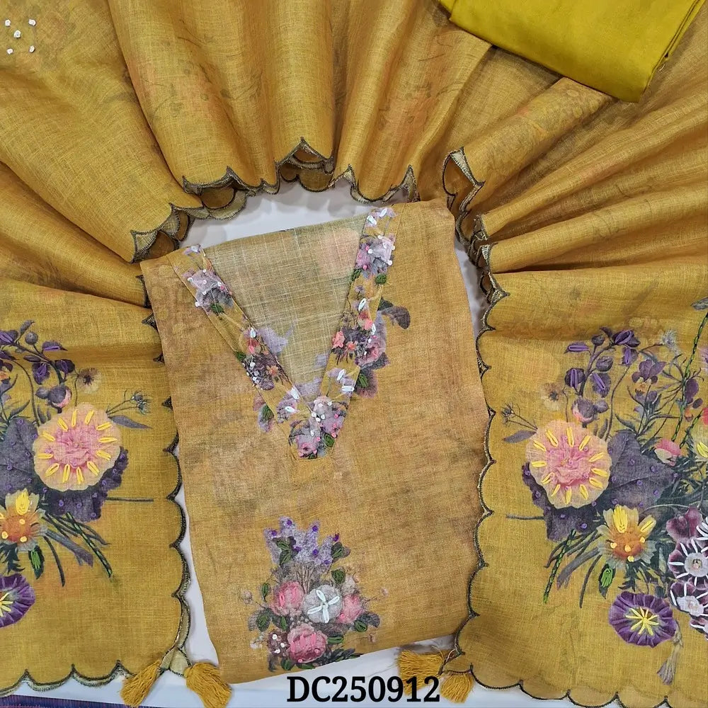 Designer mehandhi Yellow pure tissue linen unstitched salwar material (thin, lining needed) v neck, hand embroidery work on front, matching santoon bottom, floral print & hand embroidery work on tissue linen full length dupatta. DC250912
