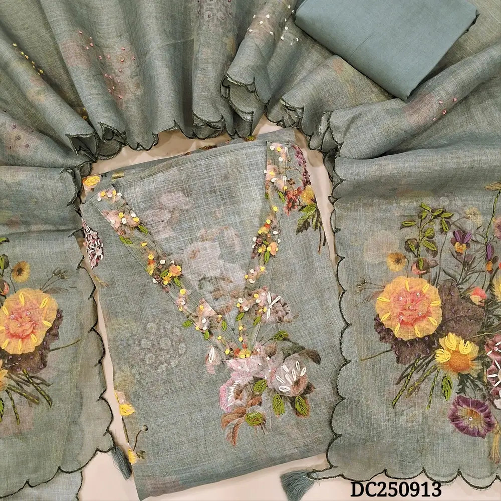 Designer Light Grey pure tissue linen unstitched salwar material (thin, lining needed) v neck, hand embroidery work on front, matching santoon bottom, floral print & hand embroidery work on tissue linen full length dupatta. DC250913