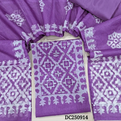 Purple kota silk cotton unstitched salwar material (thin, lining needed) batik print allover, sequins, faux mirror work on yoke, matching silky bottom and lining included, batik print kota silk cotton dupatta. DC250914