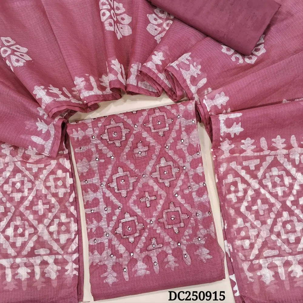 Pastel Pink kota silk cotton unstitched salwar material (thin, lining needed) batik print allover, sequins, faux mirror work on yoke, matching silky bottom and lining included, batik print kota silk cotton dupatta. DC250915