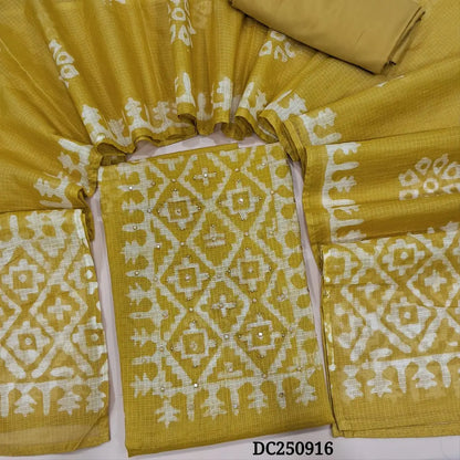Mehandhi Yellow kota silk cotton unstitched salwar material (thin, lining needed) batik print allover, sequins, faux mirror work on yoke, matching silky bottom and lining included, batik print kota silk cotton dupatta. DC250916