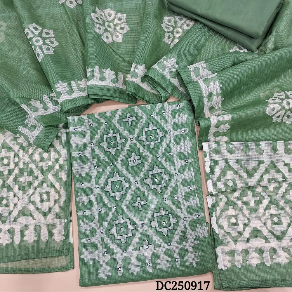 Sage Green kota silk cotton unstitched salwar material (thin, lining needed) batik print allover, sequins, faux mirror work on yoke, matching silky bottom and lining included, batik print kota silk cotton dupatta. DC250917